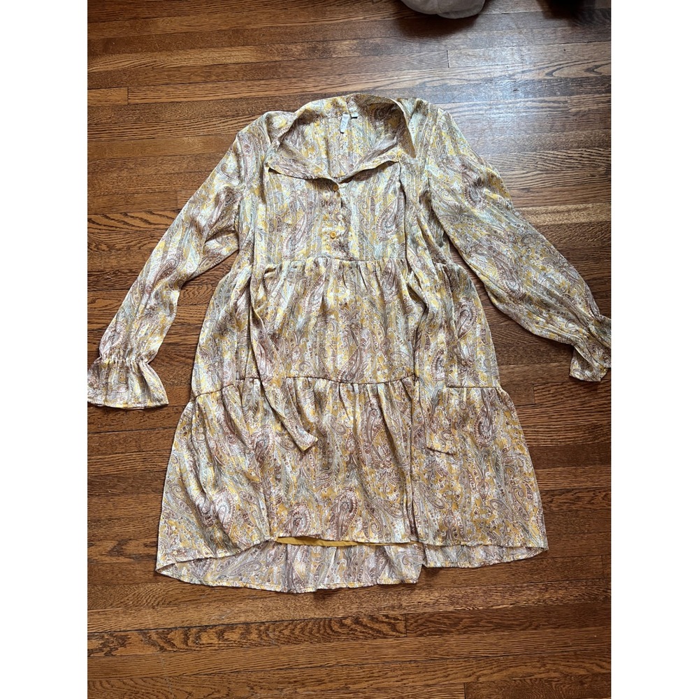 Fall Yellow Paisley Metallic Tiered Mini Dress Womens Small Tie Neck Ruffle Cuff